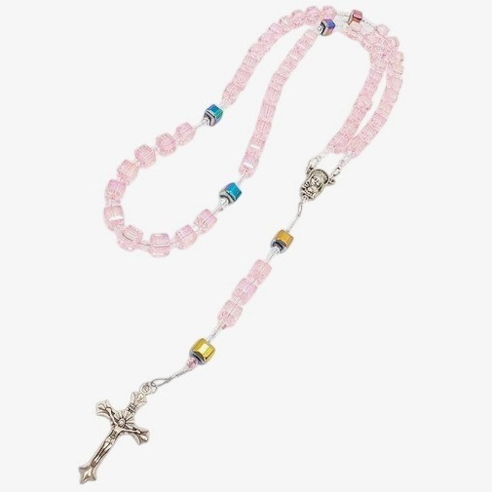 VTG Pink Rosary Aurora Borealis Cube Bead Catholic Madonna and Child Iridescent